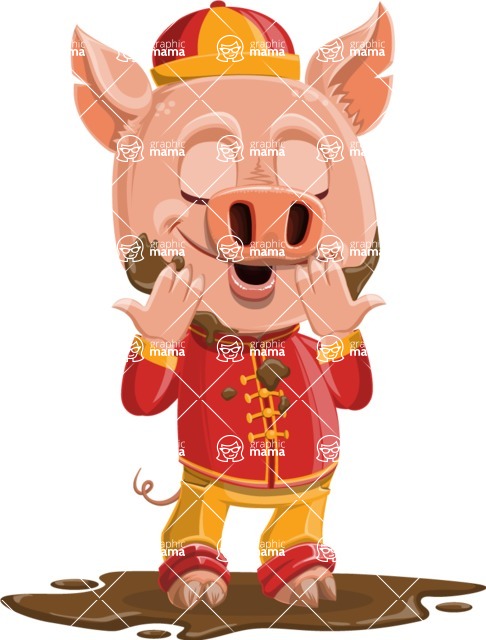 Year of the Pig Character - Vector Pig Cartoon - Year of the Pig Vector Character in a Mud